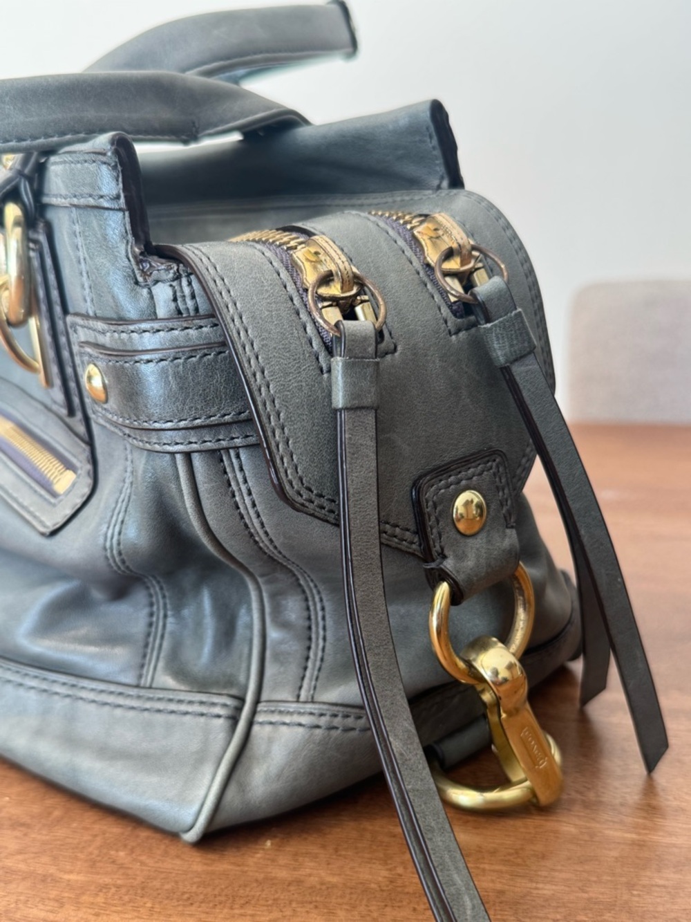 Vintage Coach Hampton Lindsay Satchel Olive Gray Leather Turnlock - Picture 4 of 10